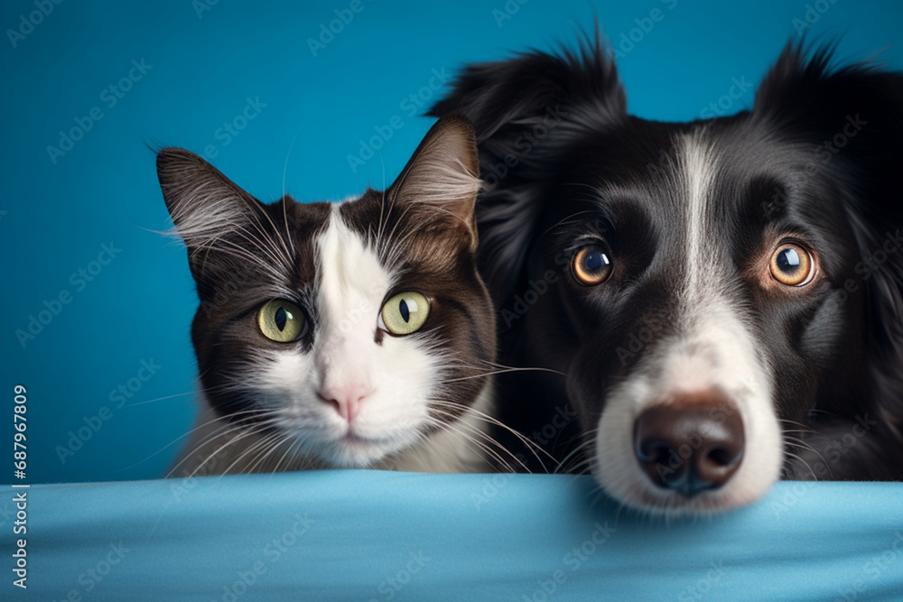 border collie dog portrait with a hiding cat behind in front of a blue background border collie dog portrait with a hiding cat behind in front of a blue background