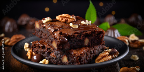 Two brownies on a wooden table with a bowl of nuts on the table. Brownies With Hazelnuts  Nuts on dark background above chocolate cake  generative AI  