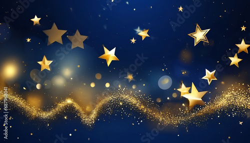 Abstract Christmas background with gold stars, particles, and sparkling navy blue. 2024 New Year background.