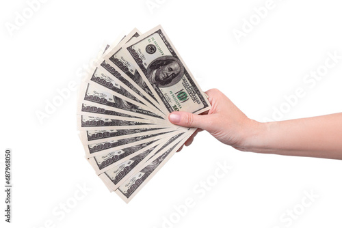 Hand on the right shows a fan of money. Money in a hand isolated on white or png transparent background 100 dollars