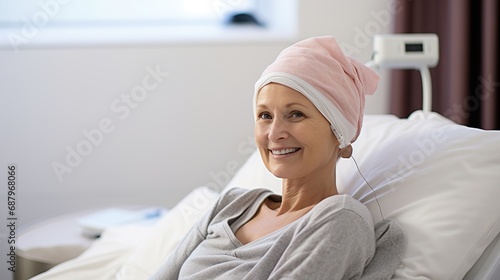Portrait of the patient woman after chemotherapy  female cancer patient wearing head scarf