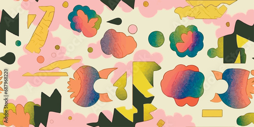 90s style retro seamless pattern with geometric shapes. Multi colored curved spots. Stained pattern with grainy texture. Risograph style background with layering and shifting shapes