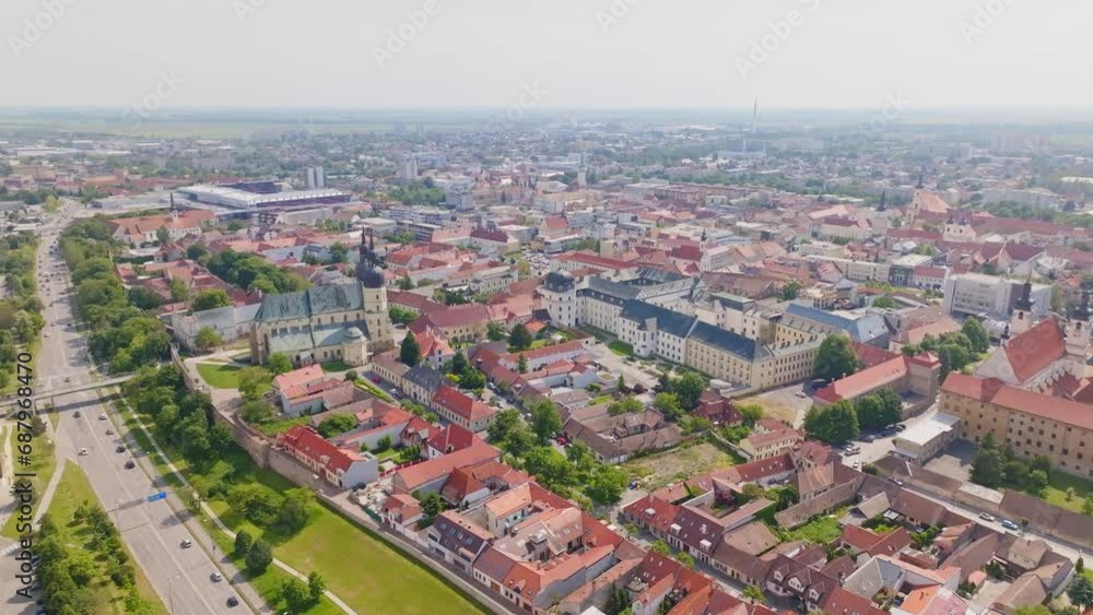 Trnava city with Saint Nicolas Church, Slovakia, Europe - Sunny Aerial Clip Trnava city with Saint Nicolas Church, Slovakia, Europe - Sunny Aerial Clip