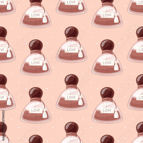 Glass elegant bottle of fragrant perfume. Vector seamless pattern, cartoon red eau de parfum.