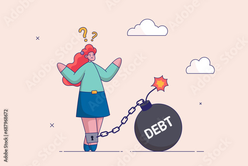Credit slavery concept. Woman trying to go with huge weight of debt chained to his leg. Flat style vector illustration.