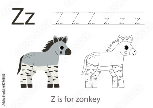 Tracing alphabet letters with cute animals. Color cute zonkey. Trace letter Z.