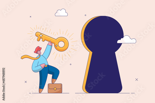 Goal achievement concept. Key to success, unlock secret door to growing business, opportunity for career path, confidence businessman holding golden key and running to unlock keyhole to reach target.