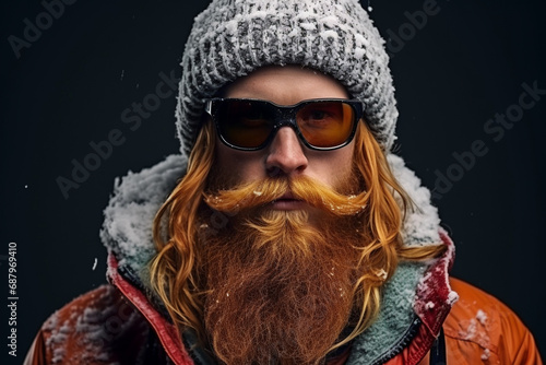 Brutal redhead snowboarder with a full beard in a winter hat and protective glasses dressed in