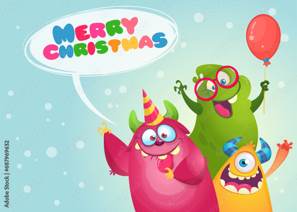Cartoon happy monsters set with different face expressions. Merry Christmas party invitation card or poster. New year's holiday design. Vector illustration Cartoon happy monsters set with different face expressions. Merry Christmas party invitation card or poster. New year's holiday design. Vector illustration