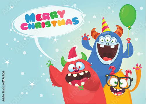Cartoon happy monsters set with different face expressions. Merry Christmas party invitation card or  poster. New year s holiday design. Vector illustration