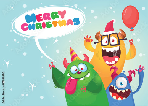 Cartoon happy monsters set with different face expressions. Merry Christmas party invitation card or  poster. New year's holiday design. Vector illustration © drawkman