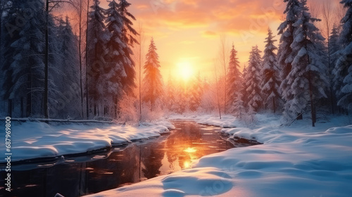 Winter Sunset in the Forest. Snowy Landscape with Trees © aznur