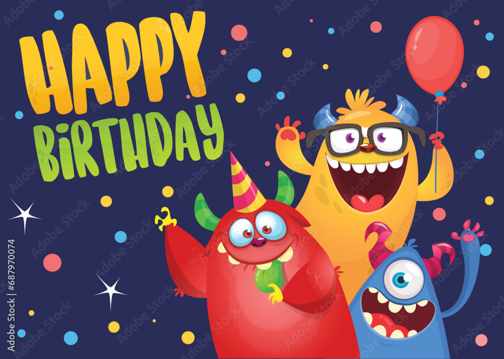 Fototapeta premium Cartoon happy monsters set with different face expressions. Birthday party invitation card or poster design. Vector illustration