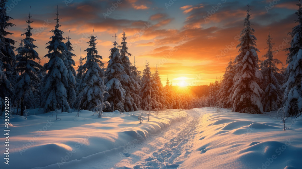 Winter Sunset in the Forest. Snowy Landscape with Trees
