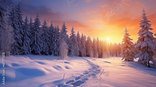 Winter Sunset in the Forest. Snowy Landscape with Trees