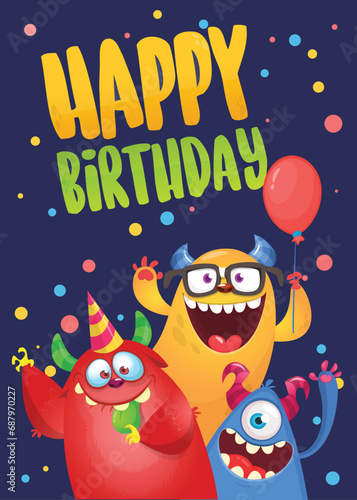 Cartoon happy monsters set with different face expressions. Birthday party invitation card or poster design. Vector illustration