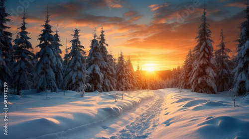 Winter Sunset in the Forest. Snowy Landscape with Trees © aznur
