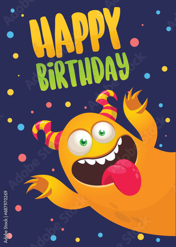 Cartoon happy monsters set with different face expressions. Birthday party invitation card or poster design. Vector illustration