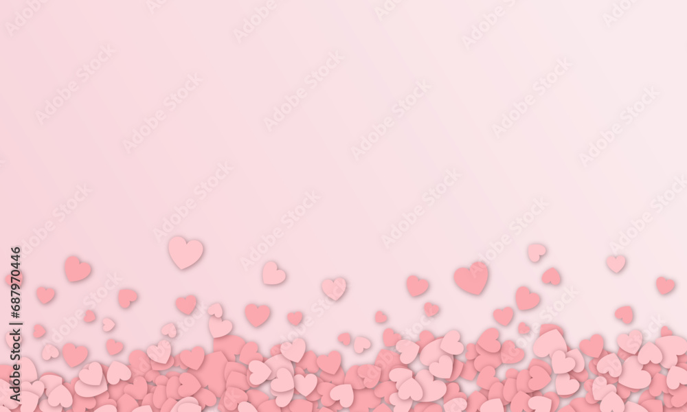 Valentines day background design with pink heart stickers scattered on pink background. Paper hearts with realistic shadow. Vector background EPS 10