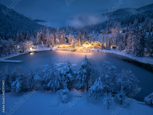 Aerial view of illuminated houses in fairy village in snow, forest, Jasna lake, street lights at winter night. Top view of alpine mountains in fog, snowy pine trees at dusk. Kranjska Gora, Slovenia