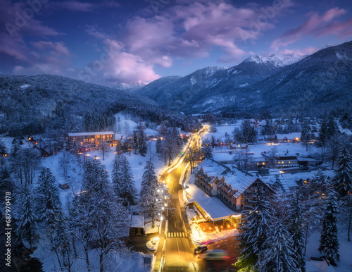 Aerial view of road, snowy ...