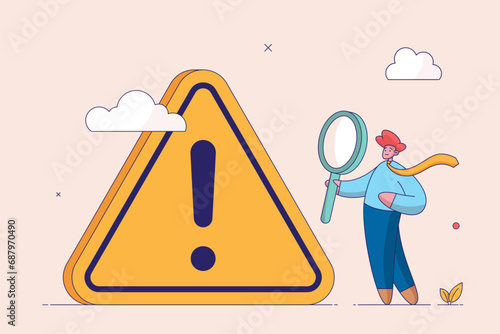 Critical failure concept. Incident management, root cause analysis or solving problem, identify risk, businessman with magnifier monitor and investigate incident with exclamation attention sign.