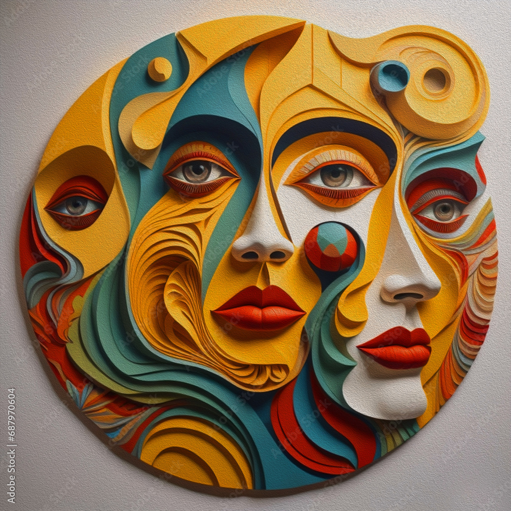 Naklejka premium Modern illustration in linocut style. Surreal colored faces with patches of yellow, red, white, blue and black. Stylish image for design. 