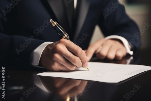 Close-up of signing a signature with a fountain pen by a businessman photo