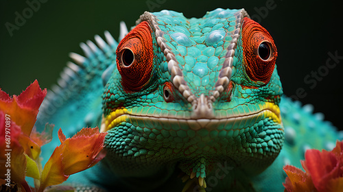 close up of a chameleon, A chamelon lizard with a flower in its mouth, Chameleon furcifer pardalis