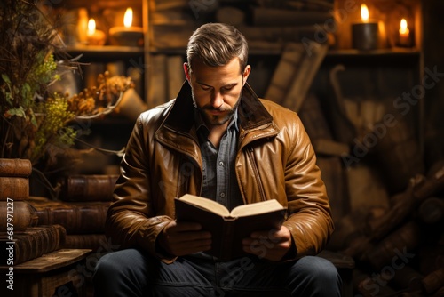 man reading a book in the night