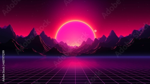 A vibrant electric sunset landscape featuring silhouettes of mountains in the background