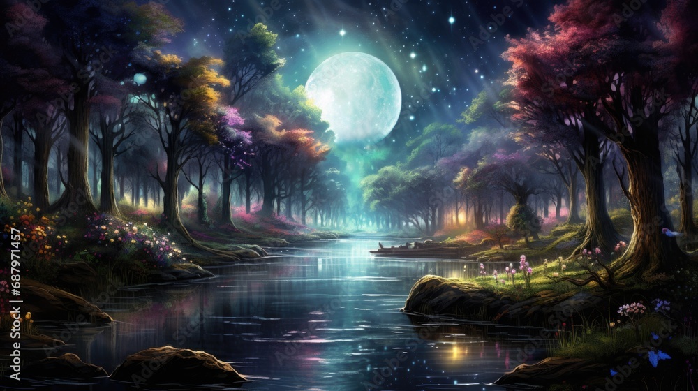 Moonlit fantasy landscape with luminous trees and river. Dreamy nature scene.