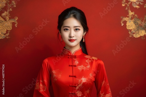 Photo asian woman in chinese dress traditional, chinese new year concept. one color background and copy space. generative ai © Nia™