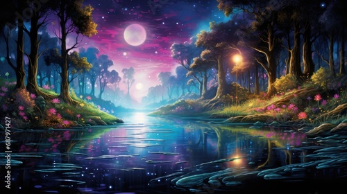 Enchanted nighttime forest landscape with moonlit sky and mystical river. Fantasy world.