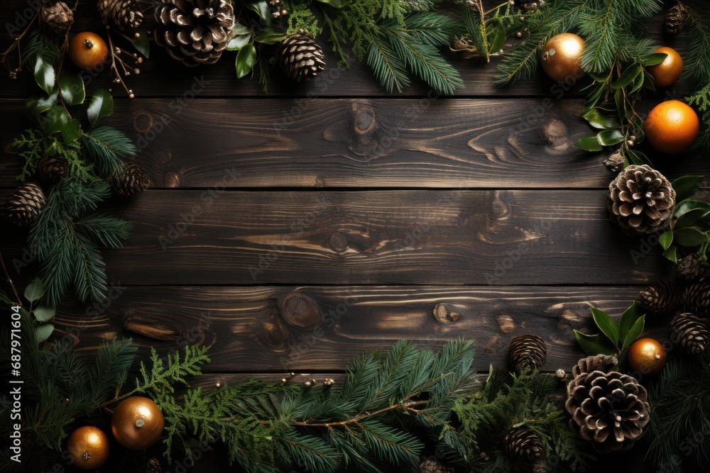 Christmas tre decoration frame on wooden background - obrazy, fototapety, plakaty 