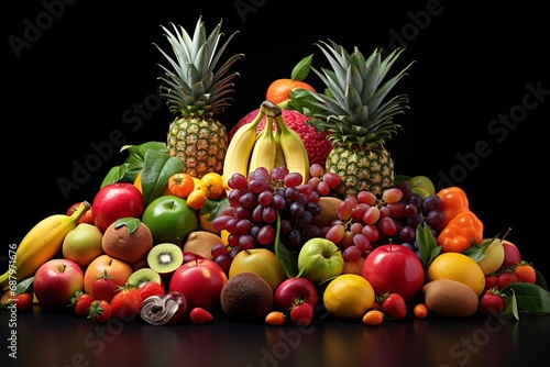 Collection of different types of tropic fruit  isolated on black