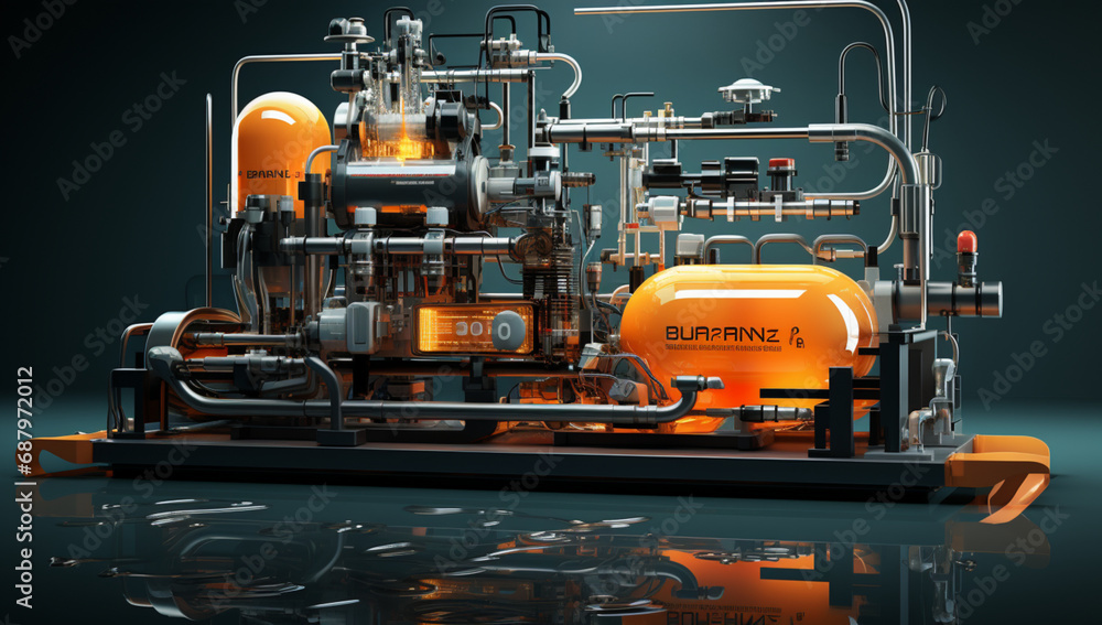 3d rendering of industrial equipment on a reflective surface with reflection,Generative AI