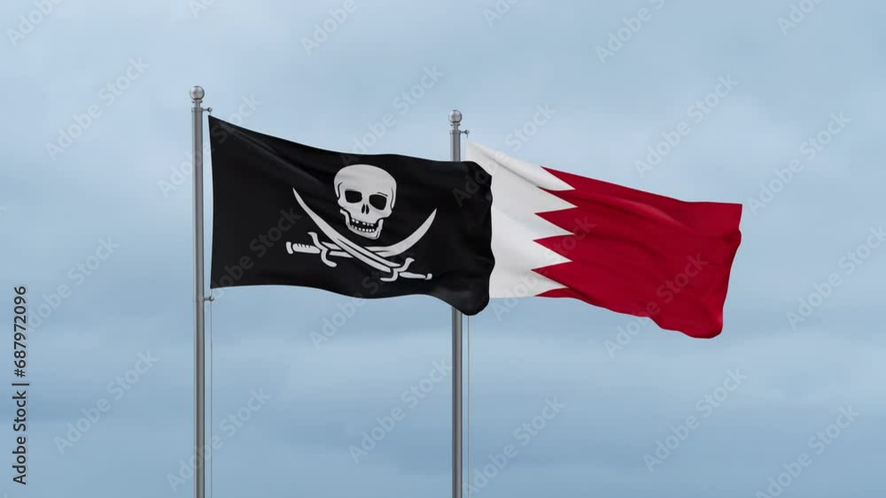 Bahrain flag and Corsair flag waving together on cloudy sky, endless seamless loop, two country relations concept Bahrain flag and Corsair flag waving together on cloudy sky, endless seamless loop, two country relations concept
