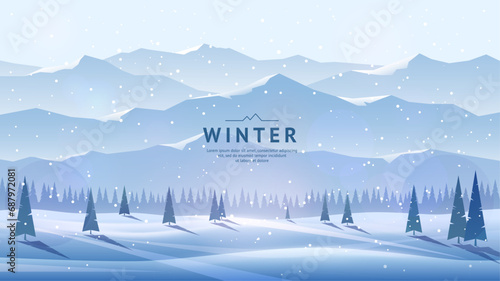 High mountain ranges and a snowy valley. Fir trees stand in snowdrifts. Frosty day, snowfall. Beautiful landscape background. Design for banner, postcard, web background, stories.