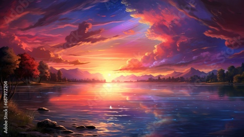Vibrant sunset over tranquil lake with mountain landscape. Nature and serenity.