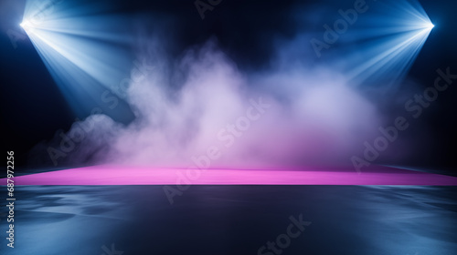 The dark stage shows, empty dark blue, purple, pink background, neon light, spotlights, The asphalt floor and studio room with smoke float up the interior texture for display products 