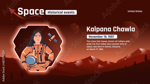 Kalpana Chawla Astronaut  Unveiling Space's Historic Events and Revolutionary Inventions-Vector illustration design