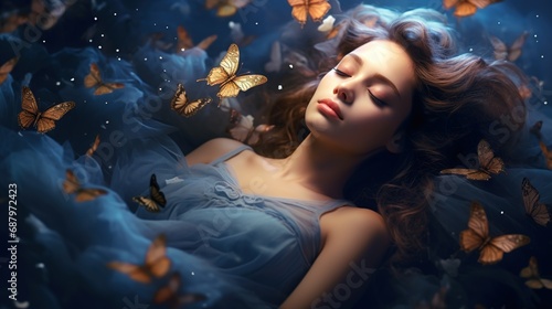 Sweet dreams. Cute girl sleeps and sees a magical dream with butterflies. Relaxation concept. fantasy background