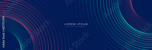 Abstract futuristic technology lines on dark blue background. Glowing turquoise and red circle lines design. Shiny curve lines pattern. Modern graphic element. Horizontal banner template