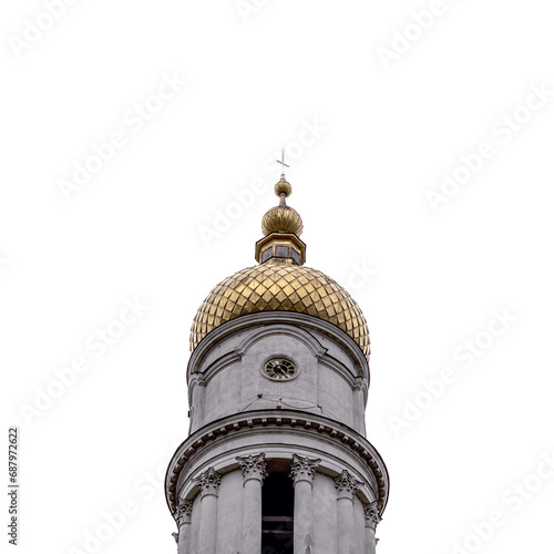 Fotografie Church tower with golden dome and cross on a transparent background