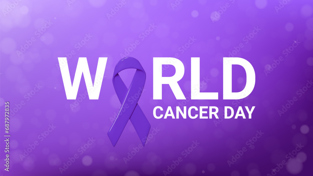 World Cancer Day banner. Vector illustration with 3d purple ribbon isolated on background with bokeh effect. Symbol of World Cancer Day for decoration posters, social media, promo company.