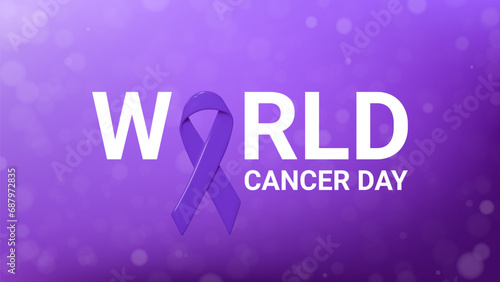 World Cancer Day banner. Vector illustration with 3d purple ribbon isolated on background with bokeh effect. Symbol of World Cancer Day for decoration posters, social media, promo company. photo