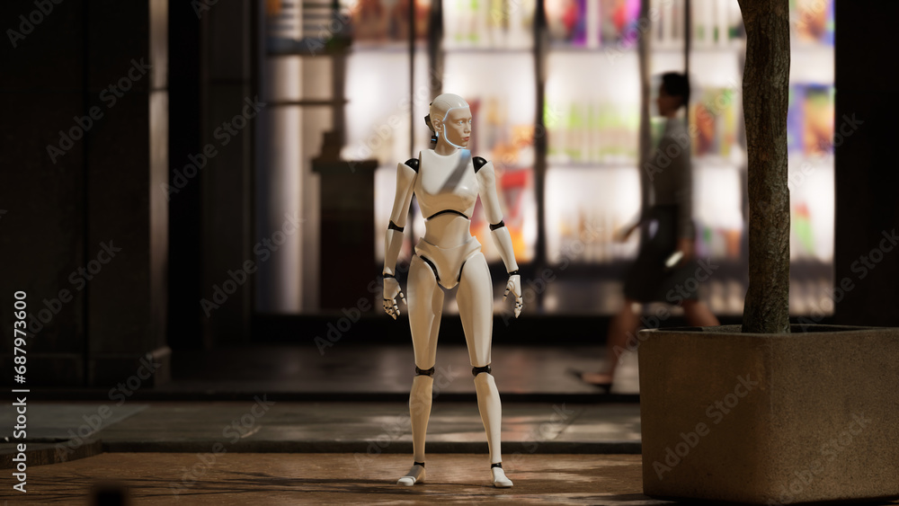 female robot staying on a street in a big city and looking around. humanoid AI robot among people. 3d render. future concept
