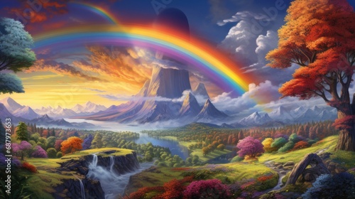 Vibrant fantasy landscape with rainbow and waterfall. Imagination and creativity.