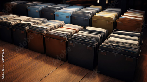 Rows of organized file boxes on a wooden floor. photo